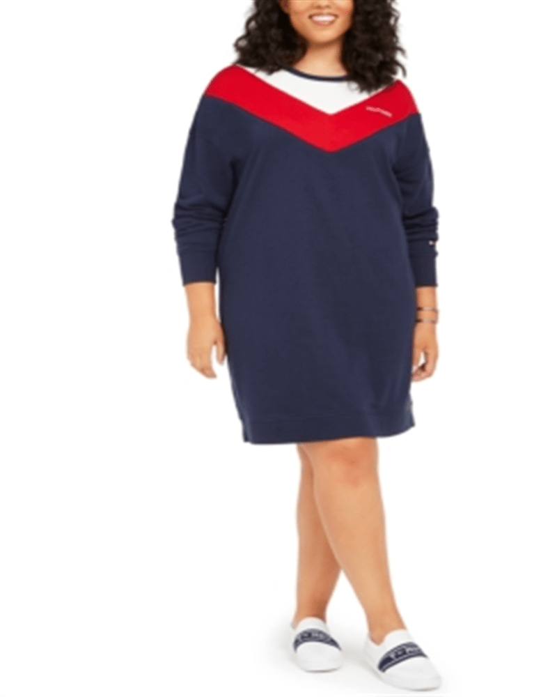 Front of a model wearing a size 0X Tommy Hilfiger Women's Sport Plus Colorblocked Sweatshirt Dress Blue Size 0X in Blue by Tommy Hilfiger. | dia_product_style_image_id:312590